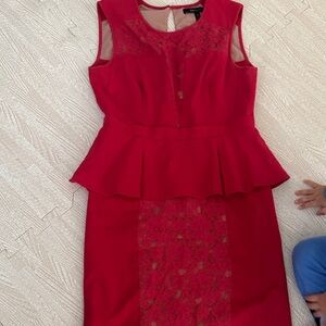 BCBGMaxAzria Red Lace Peplum Sheath Dress